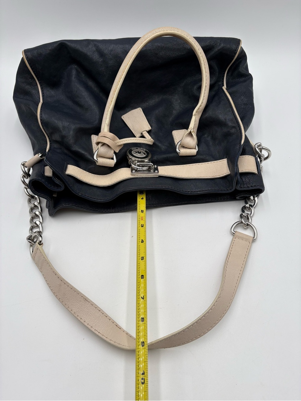 Michael Kors Navy Blue & Beige Leather Shoulder Satchel Handbag Purse - Picture 15 of 15